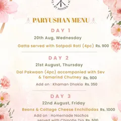 The menu for Day 1, 2, and 3 of Paryushan, featuring dishes like Gatta with Satpadi Roti and Jain Enchiladas.