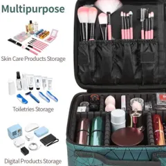 This graphic shows just how versatile my travel vanity case is. It has adjustable compartments for makeup, dedicated slots for brushes, and space for skincare, toiletries, and even electronic gadgets.