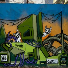 A close-up of the little horned characters driving the machine in my Stylebound piece. Adding small, fun details like this is something I enjoy doing in my larger murals.