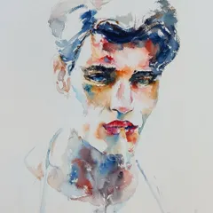 A portrait created entirely with watercolor. This medium allows for a unique fluidity and transparency, creating a soft yet intense look that is very different from my textured acrylic work.