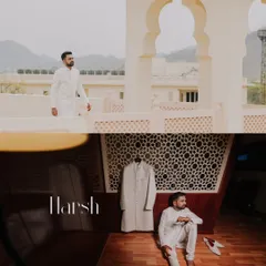 A collage dedicated to the groom, Harsh. These shots capture him getting ready and posing in his elegant white sherwani, showcasing his style against the backdrop of the palace hotel.