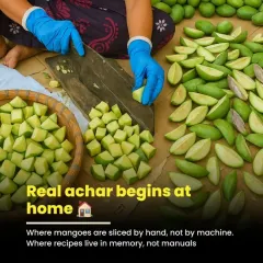 Real achar begins at home, where mangoes are sliced by hand, not by a machine. We believe in the power of handmade food. The women of our community in Mithila put their care and attention into every single jar, ensuring the taste is always authentic and full of ghar ka swaad.