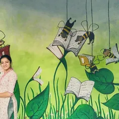 A whimsical mural for a school or library. This piece features bees reading books as they fly through a garden, designed to inspire a love for both nature and reading.