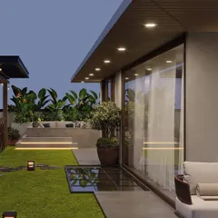 An overview of the Shahtoot Marg terrace, highlighting the different zones we created. The design includes a glass skylight set into the lawn, allowing natural light to filter to the floor below while adding a unique architectural detail.