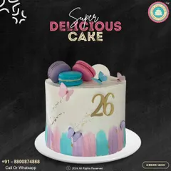 This is a perfect example of a custom birthday cake for a special milestone. I created this beautiful pastel design with delicate butterflies, a custom '26' topper, and a crown of colorful macarons. It’s a super delicious centerpiece for any celebration.