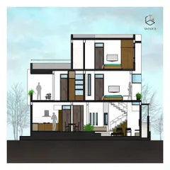 This is a detailed sectional drawing for a residential bungalow in Mysore, illustrating our focus on interior spatial planning. It reveals the home's internal flow across multiple levels, showing how we design living spaces, bedrooms, and circulation areas to create a functional and harmonious living experience.