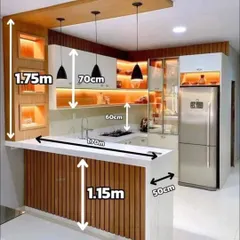 I believe every inch of space matters, especially in a compact kitchen. This design shows how I plan for maximum utility, incorporating a breakfast bar, smart storage, and layered lighting. The dimensions here give you a clear idea of how we can create a perfect kitchen layout even in smaller homes.
