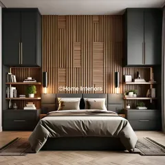 I believe a master bedroom should be a sanctuary. Here, I used a custom wood-panelled accent wall, integrated bedside shelves with task lighting, and symmetrical storage to create a balanced and sophisticated modern bedroom design.