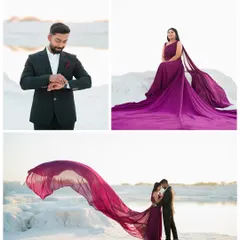 A collage from Ashish and Pallavi's pre-wedding shoot in a desert-like landscape. The bride's purple trail gown flowing in the wind adds movement and drama to the sunset shots.