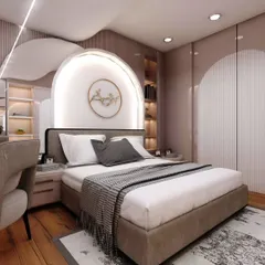This enchanting bedroom design features a stunning arched headboard with integrated lighting and curved ceiling details. It's a sophisticated yet whimsical space perfect for a growing child.