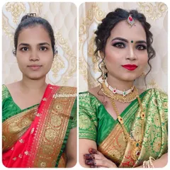 Before and after of a traditional Maharashtrian bridal look. I created a look with classic kohl-rimmed eyes, a red lip, and traditional jewelry to match her green and red saree. The hairstyle is a simple, elegant updo.