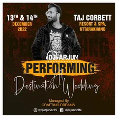 A destination wedding poster for a two-day event at Taj Corbett Resort in Uttarakhand. I am experienced in managing multi-day wedding celebrations in beautiful resort locations.
