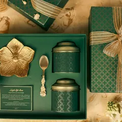 Our Mehfil Gift Box, designed for a shahi Diwali celebration. This regal green and gold set includes finely crafted reusable jars, an artisanal plate, and a brass spoon, perfect for elevating your festive gatherings.