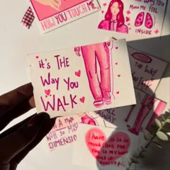 An inside page from a Valentine's scrapbook, with the phrase "it's The Way You Walk." I use alcohol markers to create these pink-themed illustrations.