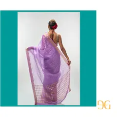 Another angle showing the graceful drape of the African Violet saree, a perfect example of modern occasion wear.