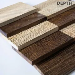 You have to feel it to believe it. This is a sample of my 'Depth' collection, showcasing a variety of real wood textures from leather and pixel to ribbed and woven patterns, each with a distinct tactile quality.