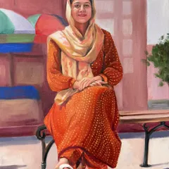 A full-length portrait of a young woman in a traditional Punjabi suit. I focused on the warm colors and the gentle light to create a serene and beautiful painting.