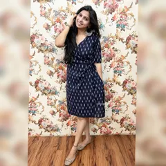 Here is my classic Angrakha dress in a beautiful blue handloom Ikat. The wrap style is so flattering, and it truly embodies the "Rooted in Tradition, Styled for Today" philosophy that I pour into my work.