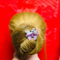 A simple and elegant bun accented with a delicate butterfly pin. Learning to place small, decorative accessories is just as important as creating the hairstyle itself.