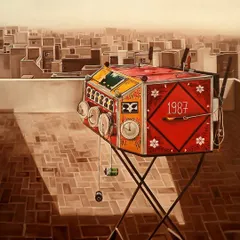 This surrealist painting, a standout from our HK Kejriwal Young Artist Award exhibition, captures a moment of quiet introspection against an urban backdrop. It demonstrates the high caliber and conceptual depth of the emerging talent I nurture.