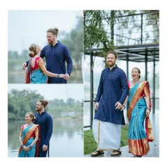 A collage of heartwarming moments between a couple in traditional South Indian attire, showcasing their love against a beautiful waterside backdrop.