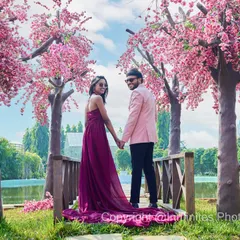 You don't need to fly to Japan to experience the beauty of cherry blossoms. We captured this couple's story amidst our vibrant, handcrafted cherry blossom trees, creating a romantic and picturesque pre-wedding memory.