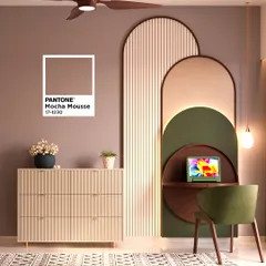 A creative use of the "Mocha Mousse" color in a study nook. The design features layered, arched panels in different colors and textures to create a visually interesting and modern workspace.
