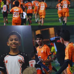 Hustle. Grind. Dominate. A collage capturing the spirit of our older players during training and matches.