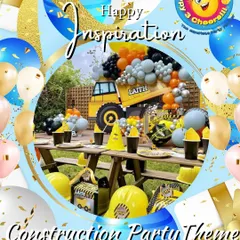 This graphic shows a construction party theme I can create. The setup includes a picnic table with caution-themed tableware, hard hats for the kids, and a backdrop featuring a dump truck made of balloons.