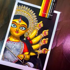A vibrant colored pencil drawing of Durga Maa. For this piece, I used bold colors and intricate details on the jewelry and crown to create a powerful and traditional portrait.
