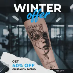 A winter offer of 40% off on realism tattoos. This is a great opportunity to get a highly detailed, lifelike piece of art at an amazing price.