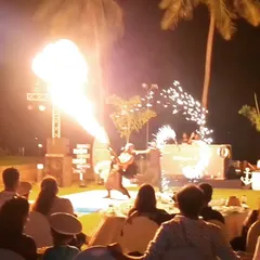 My crew brings the heat with intense flame throwers and pyrotechnic effects. This shot captures the raw energy of a live outdoor performance, where we combine massive flames with synchronized spark showers for a jaw-dropping finale.