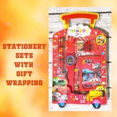 A close-up of the Cars-themed stationery set, which includes a watch, wallet, pencils, and more, all in a fun trolley case.
