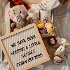 We have been keeping a little secret. This pregnancy announcement hamper is the perfect way to share your big news, with custom mugs for the grandparents-to-be and a cute letterboard.