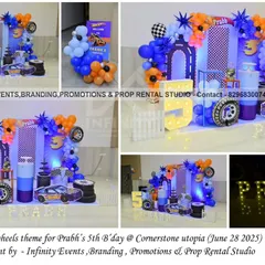 Get ready to race! We created this high-energy Hot Wheels theme for Prabh's 5th birthday. The dynamic display includes custom backdrops, themed props like tires and checkered flags, and a vibrant orange and blue balloon arrangement, perfect for a little speed enthusiast.