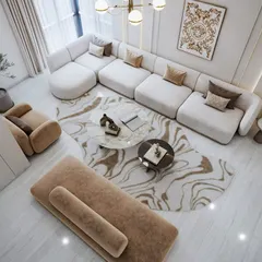 A different angle of the 3D render, focusing on the arrangement of the curved sofas and the overall chic and inviting ambiance.