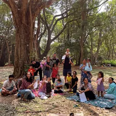 Our happy group after a 'Kahaani Rangeeli' session celebrating Holi. This photo captures the diversity and warmth of the families who join us for our festival-themed storytelling.