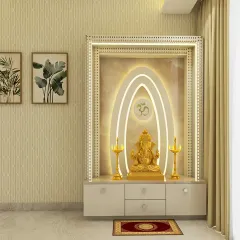 This modern pooja unit design uses a clean white finish with elegant backlighting in an arch shape around the 'Om' symbol. The drawers below provide convenient storage for pooja essentials.
