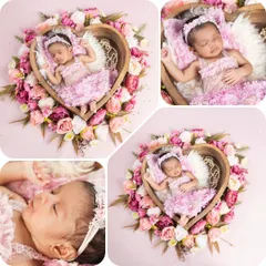 A beautiful collage showcasing a baby girl in a heart-shaped bowl surrounded by pink flowers. This setup is all about celebrating sweetness and love with a classic, feminine touch.