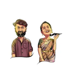 A playful couple's caricature created as part of a large friendship portrait. I focused on their fun personalities, from the playful hair flip to the details in the traditional jewelry.
