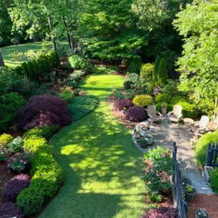 An overhead view of a garden we meticulously maintain. This landscape features a mix of flowering shrubs, manicured hedges, and a healthy lawn, creating a rich texture of colors and shapes.