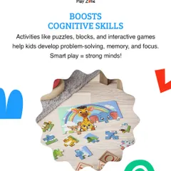 This graphic highlights how activities like puzzles and blocks, available at our play zone, help boost cognitive skills like problem-solving, memory, and focus.