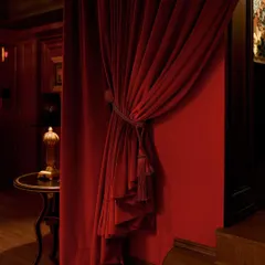 Heavy, tasseled velvet drapery conceals the entrance to the main bar, adding to the mystery. This detail is reminiscent of the 1920s flapper era, enhancing the narrative of a hidden, prohibition-style bar.