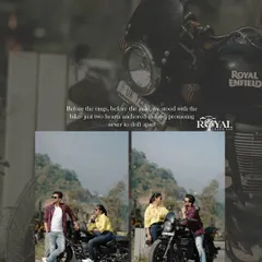 A cool and casual collage of a couple posing with a Royal Enfield motorcycle on a mountain road.