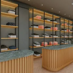 For the apparel section of Shoetown, I designed a system of open shelving and fluted wood counters with marble-finish tops. This layout provides ample display space while maintaining an open, easy-to-navigate floor plan.