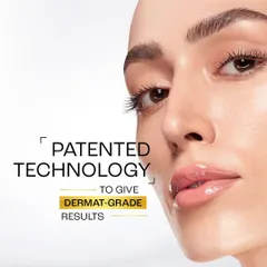 A polished advertisement for Lakmé, focusing on the scientific aspect of the product. The image combines a clean beauty portrait with text that reads "Patented Technology to give Dermat-grade results," positioning the product as a professional skincare solution.