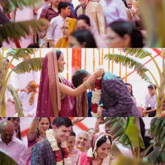 This collage tells the story of the groom's welcome. It shows him being greeted with traditional Indian rituals by the bride's family, highlighting the beautiful fusion of cultures.