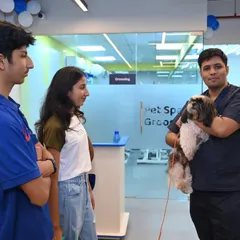 A glimpse of our bright and open retail space, where a groomer is handing a freshly groomed Shih Tzu back to its happy family. Our centers are designed to be a hub for the local pet parent community.