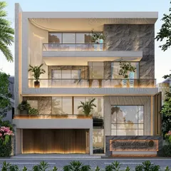 The front elevation of the Orchid Hospital project. The facade is a balanced composition of glass, stone, and concrete, with accessible balconies that provide breakout spaces and natural light for the interior.