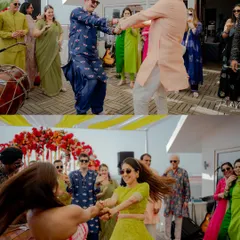 The dance floor is alive with energy. This collage captures guests and the groom dancing with abandon, showcasing the lively and festive atmosphere of the pre-wedding celebrations.